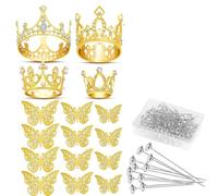 Agmoctz Coronas Doradas para Accesorios de Ramo de Flores, 4 Piezas de Decoración de para Pastel, 12 Piezas de Decoraciones de Mariposa y 50 Piezas de Alfileres de Flores