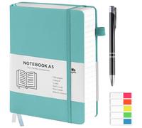 Agoer Cuaderno A5 azul claro, tapa dura y cierre elástico, 100 g/m², cuaderno de notas a rayas con 320 páginas numeradas, Bullet Journal con bolígrafo y notas adhesivas para oficina, escuela