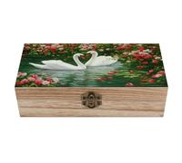 Ahdyr Caja de almacenamiento de madera con diseño de una pareja de cisnes en el lago Rose, con tapa abatible y cierre frontal. Caja de recuerdos grande.