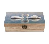 Ahdyr Caja de almacenamiento de madera con dos cisnes blancos, tapa con bisagras y cierre frontal. Caja grande para guardar recuerdos.