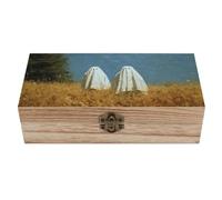 Ahdyr Caja de almacenamiento de madera con dos fantasmas blancos en el campo, con tapa abatible y cierre frontal. Caja de recuerdos grande.