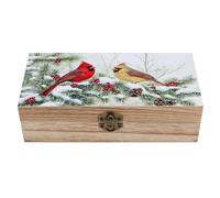 Ahdyr Caja de almacenamiento de madera para invierno con diseño de dos pájaros en ramas de pino, tapa con bisagras y cierre frontal. Caja grande para guardar recuerdos.