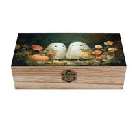 Ahdyr Dos lindos fantasmas entre flores. Caja de almacenamiento de madera vintage con tapa abatible y cierre frontal. Caja grande para guardar recuerdos.