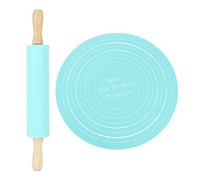 Ahgsup Juego de Rodillo de Silicona y Almohadilla para Amasar, Juego de Alfombrilla para Masa, Almohadilla para Masa Antiadherente con Silicona y Haya para Galletas, Pasta, Pan, Pizza (Azul)