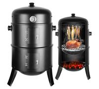 Ahumador Barbacoa 3 en 1, Parrilla de Carbón para Ahumar, Smoker Barbacoa con Parrilla de Acero Inoxidable, Termómetro, Cuenco de Agua Esmaltado, Barril de Ahumado, Φ45,5 x 80 cm Negro BBQ Smoker