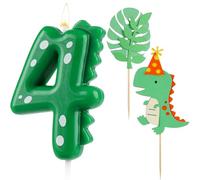 AIBAOBAO Velas Cumpleaños 4 Años, Vela de Cumpleaños Dinosaurio con 2 x Decoracion Tarta Cumpleaños, Vela Número 4, Velas Cumpleaños Originales, Decoración Tarta Fiestas para Niños Niñas
