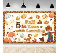 AIBIIN Fall in Love with Learning - Fondo de otoño, hojas de arce, calabaza, otoño, Acción de Gracias, decoración de aula, suministros de decoración de pared de regreso a clases, 70.8 x 43.3 pulgadas