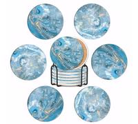 Aieino Juego de 6 posavasos con soporte, base de corcho, posavasos redondos de cerámica y mármol, absorbentes, antiarañazos, para el hogar, oficina, bar, tazas de café, bebidas, tazas, vasos, azul