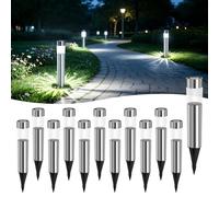 Aigostar 12Uds Luces Solares Jardin Pincho, Acero Inoxidable, IP44, Luz Fría 6500K, Luz Solar Exterior Jardin para Terraza Césped Patio Pasillo H31.5cm