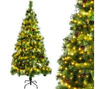 Aigostar 180 CM Árbol de Navidad Artificial,con Cadena de luces LED de 18 M,300 LED Blanco cálido,8 Modos de Iluminación,Ramas Aguja de Pino con Piñas,Verde,Incluye Soporte de Meta