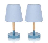 Aigostar 2 Piezas Lámpara de Mesa, Lámpara de Mesita de Noche Pequeña de Madera Moderna, lámpara de Noche con Tulipa de Tela Azul y Base de Metal, Portalámparas E14, Decorativa y Vintage