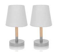 Aigostar 2 Piezas Lámpara de Mesa, Lámpara de Mesita de Noche Pequeña de Madera Moderna, lámpara de Noche con Tulipa de Tela Gris y Base de Metal, Portalámparas E14, Decorativa y Vintage