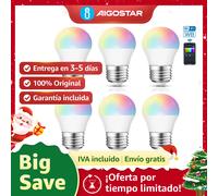 Aigostar 6 Pack Bombillas Inteligentes Wi-Fi G45 E27 6.5W RGBCW, compatibles con Alexa/Google Home. Sin Hub necesario