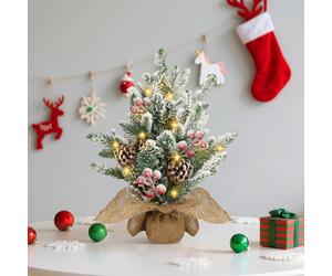 Aigostar Árbol de Navidad con Luces Incorporadas 35cm, Árbol de Navidad Pequeño Decorado con Nieve Artificial, Piñas y Frutos Rojos, Ideal para Salón, Dormitorio o Habitación Infantil
