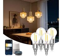 Aigostar Bombilla Inteligente Alexa, Bombilla Led E14 Vintage, G45 Transparente Tipo Globo, 4.5W, 470LM, Regulable Cálida a Fría 2700K a 6500K, Compatible con Alexa y Google home, 4 Unidads