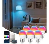 Aigostar Bombilla Inteligente, Bombilla Wifi G45 E27 6.5W, Bombilla Led Inteligente RGBCW Compatible con Alexa/Google Home, No se Requiere Concentrador. Control Remoto,Control De Voz, 6 Unidads.