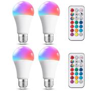 Aigostar Bombillas Colores RGBW, 12W con Mando a Distancia. Bombillas LED E27 4 modos, 5 niveles de brillo, 15 colores ajustables para Hogar, Decoración, Bar, Fiesta. 4Uds