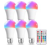 Aigostar Bombillas Colores RGBW, 12W con Mando a Distancia. Bombillas LED E27 4 modos, 5 niveles de brillo, 15 colores ajustables para Hogar, Decoración, Bar, Fiesta. 6Uds