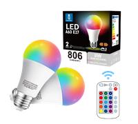 Aigostar Bombillas Colores RGBW, 8W equivalente a 60W. Bombilla LED E27 4 modos, 5 niveles de brillo, 15 colores ajustables con mando a distancia, 806 lúmenes, casquillo gordo E27. Pack 2 unidades