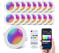 Aigostar Downlight Inteligente Empotrable Focos 6W Bluethooth Mesh, LED Techo Luces para Salón Cocina Compatible con Alexa con Control Remoto, RGB+CCT Regulable 2700-6500K,Ф100-110mm, 600LM, 16Uds