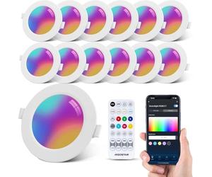 Aigostar Downlight Inteligente Empotrable Focos 6W Bluethooth Mesh, LED Techo Luces para Salón Cocina Compatible con Alexa con Control Remoto, RGB+CCT Regulable 2700-6500K,Ф100-110mm, 600LM, 12Uds