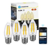 Aigostar Edison Bombillas Alexa LED E27 Bombillas Inteligentes 4.5W 470LM WIFI Bombilla Vintage C35 Bombillas Filamento Regulable 2700K-6500K， compatible con Alexa/Google Home. transparente 4 pack