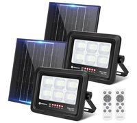 Aigostar Foco Proyector LED Solar 100w 6500K, con mando a distancia, 2 pcs | Impermeable IP65, Visualización del nivel de batería, con Brillo y Sincronización ajustables para Jardín,Garaje