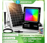 Aigostar Foco Solar RGB 100W con Mando | 8000mAh IP66, Cable 5M | Proyector Multicolor para Jardín, Patio