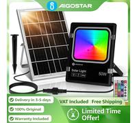 Aigostar Foco Solar RGB 50W con Mando | 4000mAh IP66, Cable 5M | Proyector Multicolor para Jardín, Patio