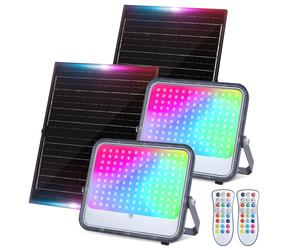 Aigostar Focos LED Exterior Solares RGBW, Cambio de Color 200W, Foco RGB+6500K y 3 Modos, Regulable, Control Remoto, IP66 Impermeable, Proyector LED RGB para Fiestas Jardín Terraza, 2 pcs(1)