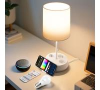 Aigostar- Lamparas de Mesita de Noche Inteligente Compatible con Alexa, Lámparas de Mesa Tela, 2700K-6500K y RGB Regulable, con 3 Enchufes (Type F), Mando a Distancia y Soporte para Teléfono, Blanco