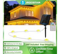 Aigostar Luces Solares Permanentes para Exterior 15M | Luz Blanca Cálida, IP65 Impermeable | Decoración para Alero, Jardín