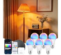 Aigostar Mesh- Bombilla inteligente Bluetooth Mesh, A60. 2700K-6500K y RGB regulable, E27, 9W. Bombilla LED inteligente compatible con Alexa y Google Home. Incluye mando a distancia y Gateway. 6Uds