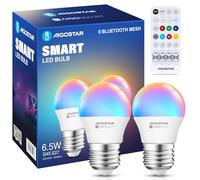 Aigostar Mesh- Bombilla inteligente Bluetooth Mesh, G45. 2700K-6500K y RGB regulable, E14, 6.5W, 555LM. Bombilla LED inteligente compatible con Alexa y Google Home. Incluye mando a distancia. 2Uds