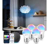 Aigostar Mesh- Bombilla inteligente Bluetooth Mesh, G45. 2700K-6500K y RGB regulable, E27, 6.5W, 555LM. Bombilla LED inteligente compatible con Alexa y Google Home. Incluye mando a distancia. 4Uds