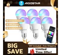 Aigostar Pack 6 Bombillas Inteligentes A60 E27 9W 806LM | WiFi RGB + Blanco Regulable 2700K-6500K | Sincronización Musical, Compatible Alexa/Google