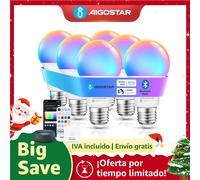 Aigostar Mesh- Bombilla inteligente Bluetooth Mesh, A60. 2700K-6500K y RGB regulable, E27, 9W. Bombilla LED inteligente compatible con Alexa y Google Home. Incluye mando a distancia. 6Uds