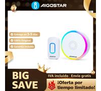 Aigostar RGB Timbre Inalámbrico IP55, 60 Melodías, 5 Niveles Volumen (0-120dB), Ideal para Ancianos, Casa y Oficina Negro