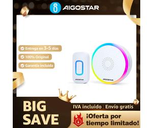 Aigostar RGB Timbre Inalámbrico IP55, 60 Melodías, 5 Niveles Volumen (0-120dB), Ideal para Ancianos, Casa y Oficina Negro