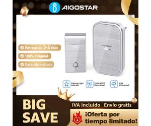 Aigostar Ring DC - Timbre inalámbrico IP44, con LED y pilas, 36 melodías, 1 receptor y 1 transmisor Plata