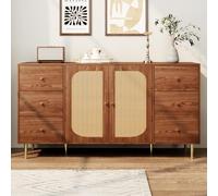 AilZylphera Aparador marrón 160 x 40 x 90 cm con puertas de ratán y 6 | Armario de madera grande y cómoda para cocina, salón y pasillo, elegante estilo bohemio