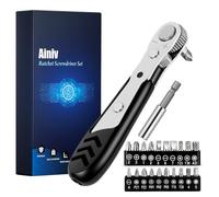 Ainiv 22 PCS Destornilladores Trinquete, Magnético Ángulo, 6mm 36 Dientes | Recto Llave Carraca Pequeña Reversible Con 1 Varilla Extensión y 20 Puntas Destornillador para Espacios Reducidos
