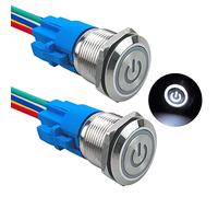 Aiqeer 2 Piezas 19 mm Interruptores de Botón Autoblocante, 12V / 24V 5A Interruptor de Botón LED Blanco, Interruptor Pulsador Metálico Impermeable, con Enchufe Precableado