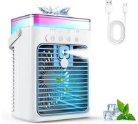 Aire acondicionado portátil, enfriador evaporativo 3 en 1 con 3 velocidades y 2 modos de niebla, mini aire acondicionado de 1000 ml, ventilador USB con luz RGB y temporizador para dormitorio, oficina,