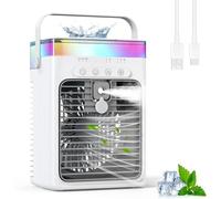 Aire acondicionado portátil, enfriador evaporativo 3 en 1 con 3 velocidades y 2 modos de niebla, mini aire acondicionado de 1000 ml, ventilador USB con luz RGB y temporizador para dormitorio, oficina,
