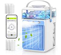 Aire acondicionado portátil: Mini AC 5 en 1 con control de aplicación, tanque de agua de 800 ml, recargable por USB, ventilador de refrigeración evaporativa portátil con luz nocturna para dormitorio