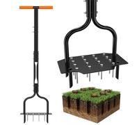 Aireador de césped manual con 20 puntas (16 + 4 dientes huecos), acero inoxidable, mango en T de 100,5 cm y palanca de pie, aireador manual para un cuidado eficiente del césped