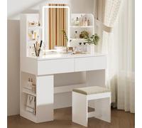 Airfish Tocador de Maquillaje con Espejo y LED Luz Regulable, Mesa de Maquillaje con 2 Cajones y 4 Estantes, Estante Inferior, Vanity de Escritorio Moderno para Dormitorio, 90 x 40 x 135 cm, Blanco