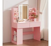 Airfish Tocador de Maquillaje con Espejo y LED Luz Regulable, Mesa de Maquillaje con 2 Cajones y 4 Estantes, Estante Inferior, Vanity de Escritorio Moderno para Dormitorio, 90 x 40 x 135 cm, Rosa