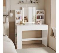 Airfish Tocador de Maquillaje con Espejo y LED Luz Regulable, Mesa de Maquillaje con 2 Cajones y 4 Estantes, Estante Inferior, Vanity de Escritorio Moderno para Dormitorio, 90 x 40 x 135 cm, Blanco